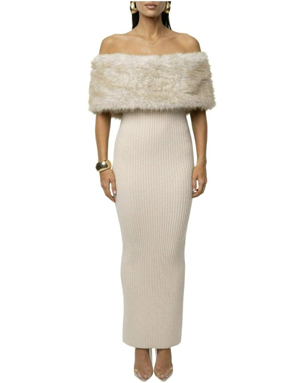 Revolve JLuxLabel Faux Fur Detail Off Shoulder Rib Knit Midi Dress New